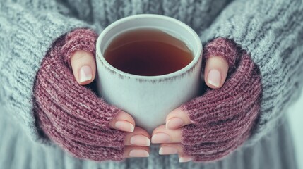 Close up of a woman s hands holding a mug featuring a warm beverage such as tea or coffee