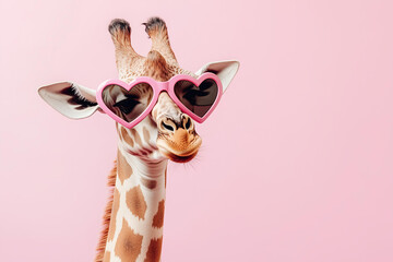 giraffe wearing heart-shaped pink sunglasses on an isolated pastel pink background, a funny animal in the concept of love for Valentine's Day celebration or a Valentine's party decoration idea © ALL YOU NEED studio