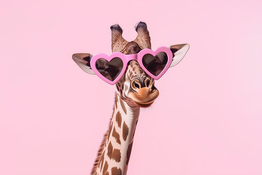 giraffe wearing heart-shaped pink sunglasses on an isolated pastel pink background, a funny animal in the concept of love for Valentine's Day celebration or a Valentine's party decoration idea