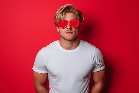 handsome blonde man wearing mock-up blank white t-shirt , wearing heart-shaped red sunglasses on an isolated red background, a funny animal in the concept of love for Valentine's Day celebration  - Powered by Adobe