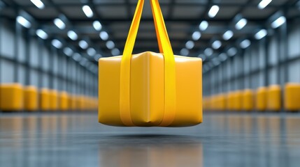 Bright yellow package suspended in a modern warehouse setting, AI