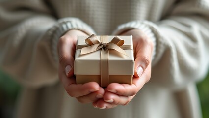 Hands offering a beautifully wrapped present with a ribbon