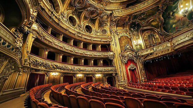 The ornate interior of an opera house in Paris features red velvet seats and a gilded stage