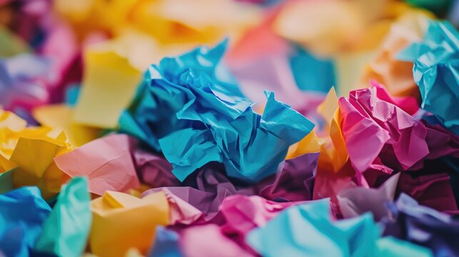 Close up of a vibrant stack of crumpled multicolored sticky notes with some scattered aside featuring no individuals