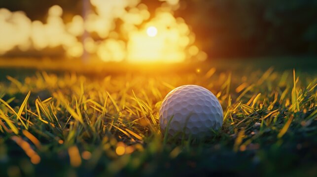 Close up of a golf ball resting on grass at sunset showcasing a golfing theme