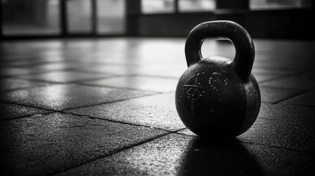 Close up of a kettlebell resting on a gym floor