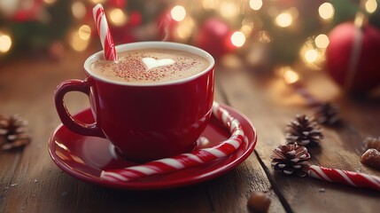 Coffee cup with Christmas elements and caramel canes featuring selective focus