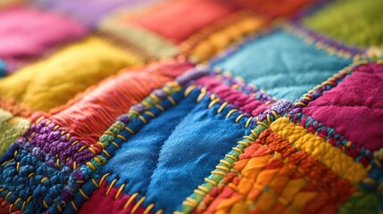 Fototapeta premium Close up of a vibrant patchwork fabric featuring an array of colorful squares stitched together with prominent seams