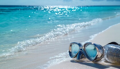 close-up shot of a shiny, wet snorkel and mask placed on the edge of a tranquil, white sandy beach