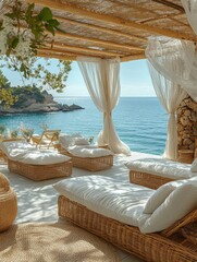 Obraz premium A coastal beach area design. white paint wooden lodges surrounded by white curtains.