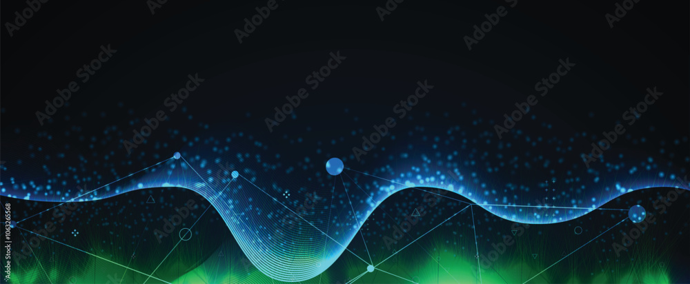 Aufkleber Abstract vector technology background. Wave of particles artificial neural network