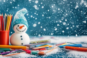 School decoration with school supplies. Winter mood. Free copy space