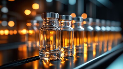 Close up of glass pharmaceutical bottles with metal caps on a conveyor belt in a contemporary production setting ideal for themes related to healthcare and manufacturing