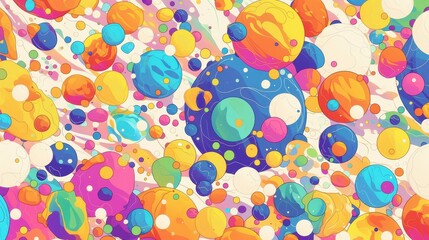 A vibrant abstract illustration featuring colorful spheres in various sizes on a pastel background.