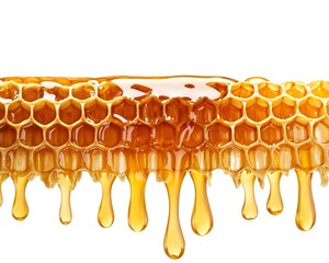 Dripping Honeycomb with Golden Honey on White Background for Natural and Organic Product Concepts