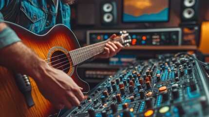Obraz premium Musician composing a new record with his guitar and mixing console in studio, collaborating with music producer to create sounds. Audio technician uses control panel board to edit tracks.