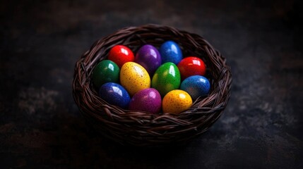 Colorful Spring Easter Eggs in a Woven Basket