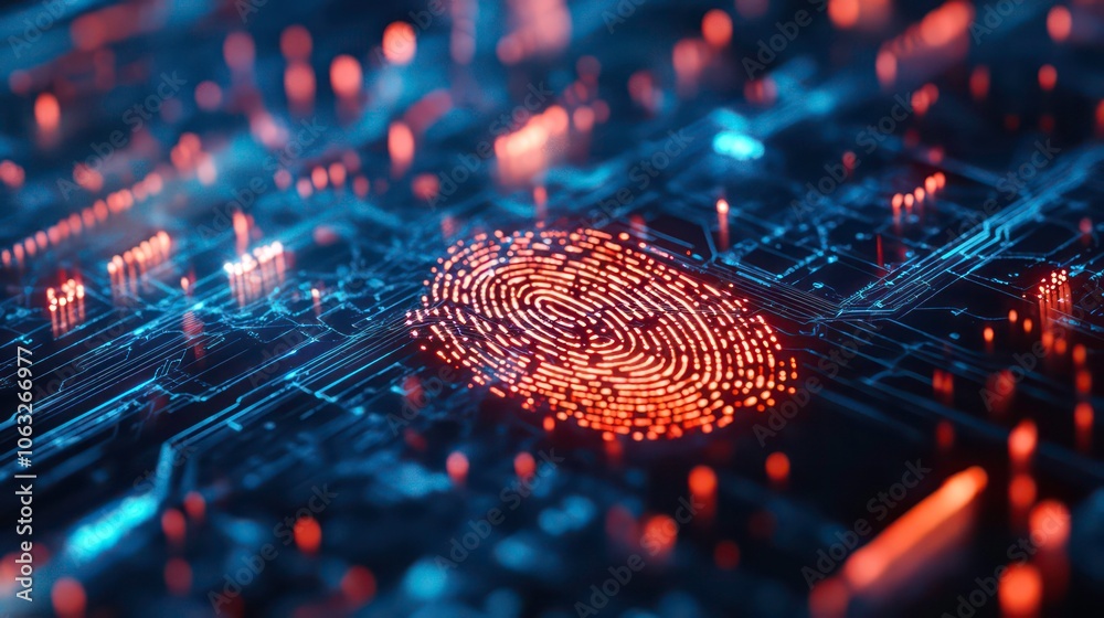 Poster Concept Protect personal data banner. Security system with fingerprint on cyber technology neon background