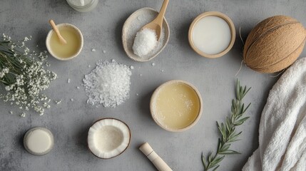 Coconut body scrub ingredients displayed on a gray table showcasing a homemade cosmetic for exfoliation and spa treatment Flat lay composition