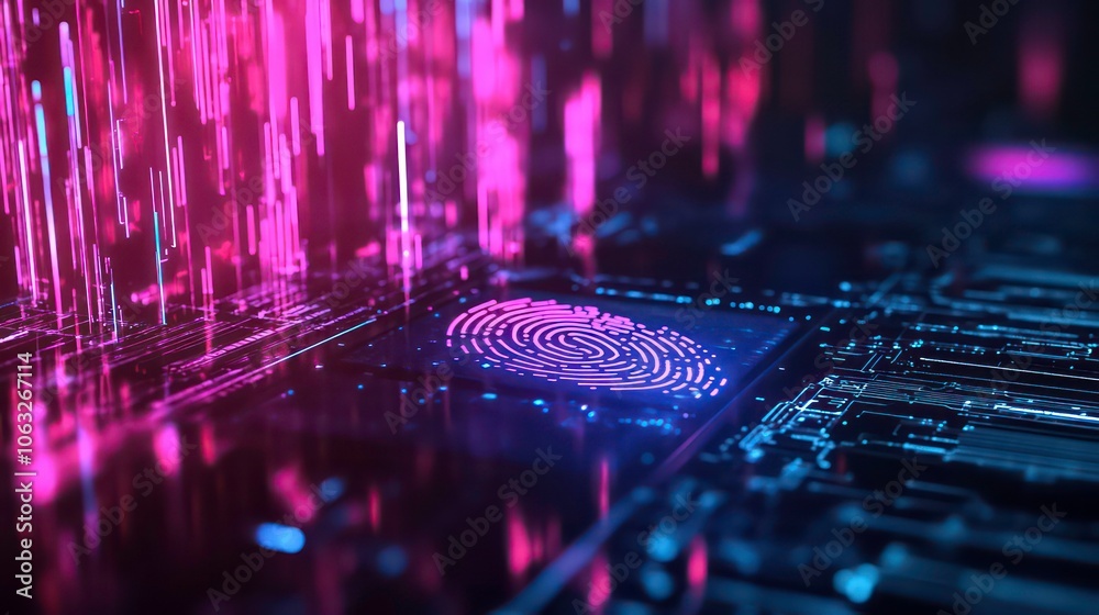 Poster A digital representation of a fingerprint on a circuit board, symbolizing security technology.