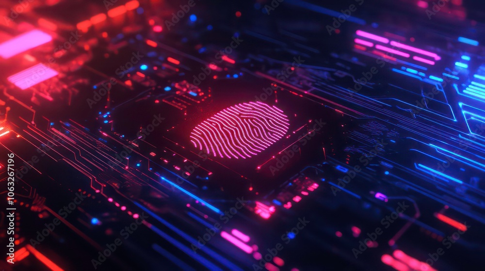 Poster A close-up of a circuit board featuring a fingerprint design, symbolizing security technology.