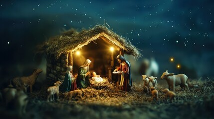 Naklejka premium peaceful image of the Nativity, where baby Jesus is born in a humble manger in Bethlehem, surrounded by Mary, Joseph, shepherds, and animals