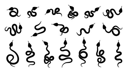 Snake silhouette set. Black snakes in different poses crawl, wriggle. Python, viper reptile collection. Vector illustration isolated  on white background