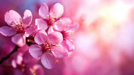 Fototapeta premium Close up of delicate pink apple blossoms illuminated by sunlight embodying the essence of spring in nature