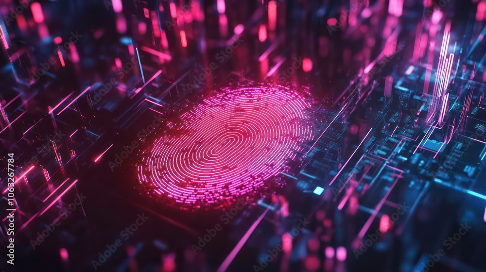 Poster a digital fingerprint overlaid on a futuristic, abstract background of glowing circuitry.