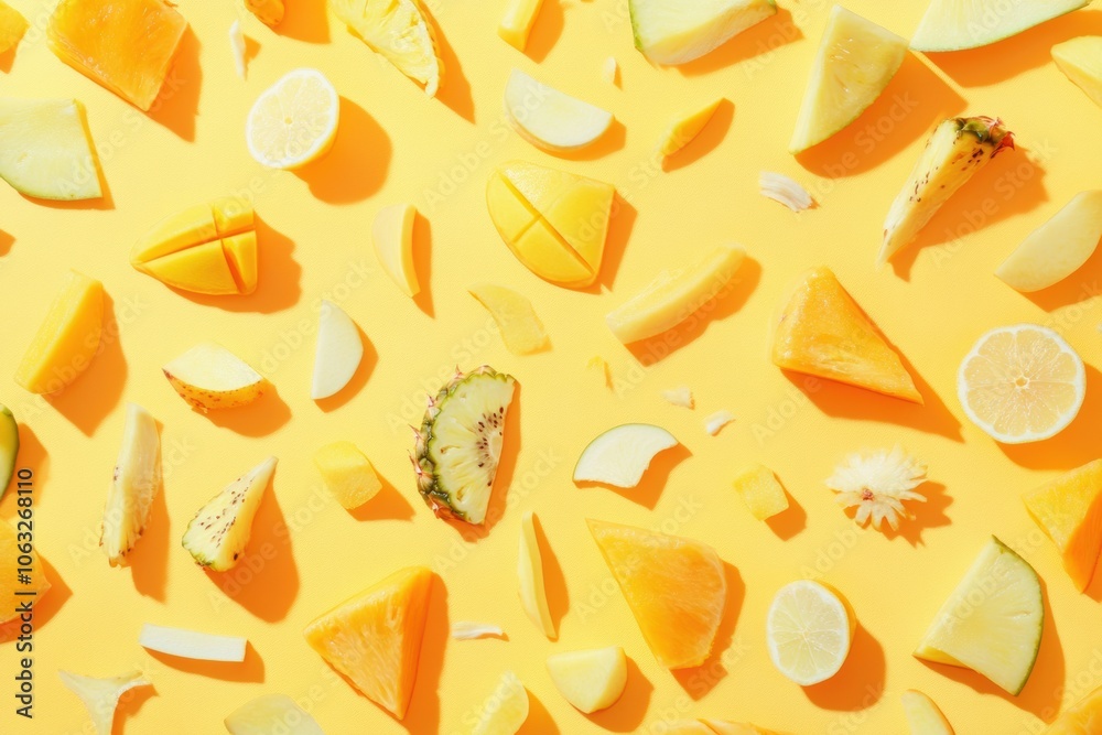 Poster sliced tropical fruits are displayed on a vivid yellow background, showcasing an array of pineapples