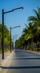 Naklejka premium Contemporary solar streetlights illuminate a palm lined urban road, creating a sustainable and picturesque cityscape against a sunny blue sky