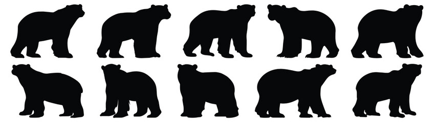 Polar bear silhouettes set, bear pack of vector silhouette design, isolated background.