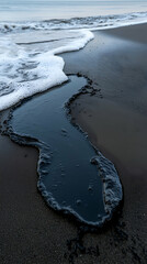 Thick, black oil spills onto sandy beach, contrasting with white waves and highlighting environmental damage