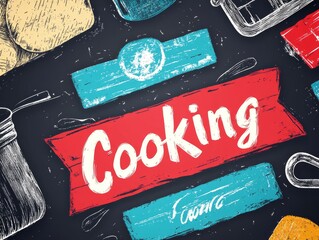 Cooking Text with Kitchen Utensils Illustrated on Chalkboard Background