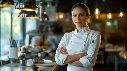 Portrait of an attractive female chef standing at the counter in her restaurant, with her arms crossed.
