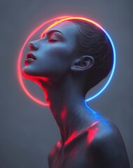 The face glows with an aura of blue light on one side and a red glow on the other.
