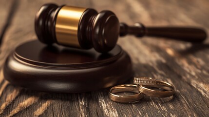 A judge's gavel and wedding bands on a wooden table, symbolizing divorce.