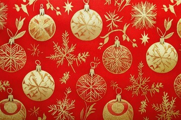 A festive red background adorned with gold ornaments and delicate snowflakes