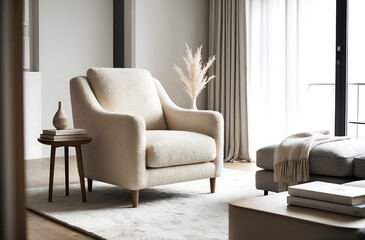 Fototapeta premium Classic, scandinavian interior design of modern room with luxe soft boucle armchair