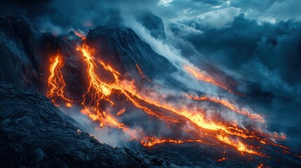 Molten lava flows down the side of a volcano, creating a dramatic scene of fire and smoke.