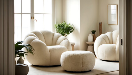 Fototapeta premium Classic, scandinavian interior design of modern room with luxe soft boucle armchair