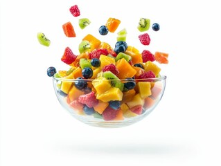 fresh fruit salad glass bowl dynamic image isolated on white background