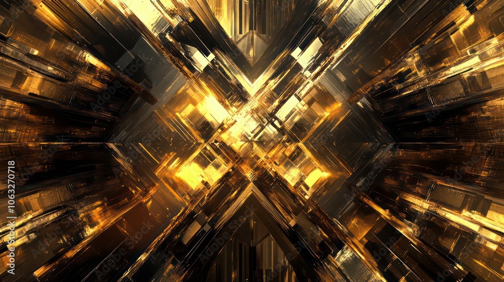 Poster Abstract golden geometric pattern with intersecting lines and shapes.