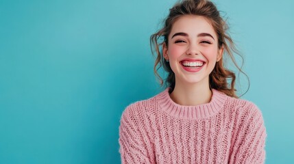 Photo of pretty cheerful lady dressed knitted pink shirt smiling empty space isolated blue color background