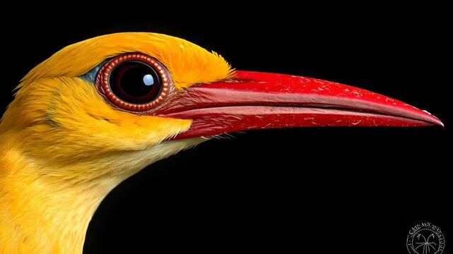 A golden-fronted leafbird stares intently at the camera with its bright red beak and eye