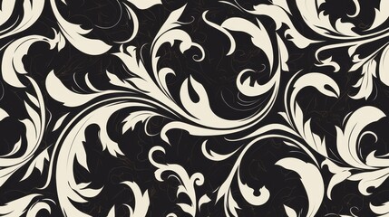Elegant black and white floral pattern with intricate detailing and swirling designs.