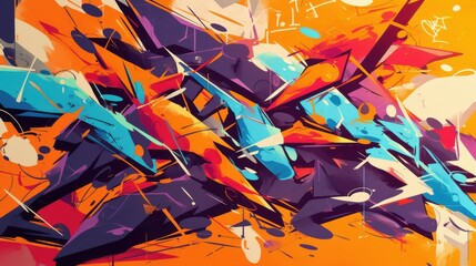 Vibrant abstract graffiti artwork with bold shapes and colors, blending blues, purples, and oranges for an energetic vibe.