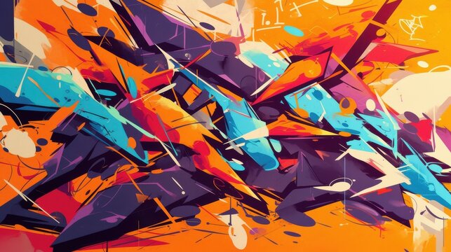Vibrant abstract graffiti artwork with bold shapes and colors, blending blues, purples, and oranges for an energetic vibe.