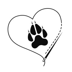Silhouette of wolf paw and heart with interrupted contour. Vector illustration of handmade work with embroidery thread and sewing needle on white background.