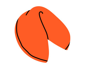 Hand drawn cute cartoon illustration of fortune cookie. Flat vector snack with prediction doodle. Sweet food icon or sticker. Superstition symbol. Hope for the best. Chinese Lunar New Year. Isolated.